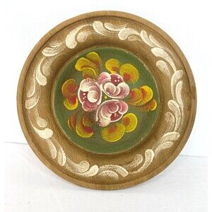 Vintage Hand Painted Flowers Floral Wooden Wood Plate Decorative